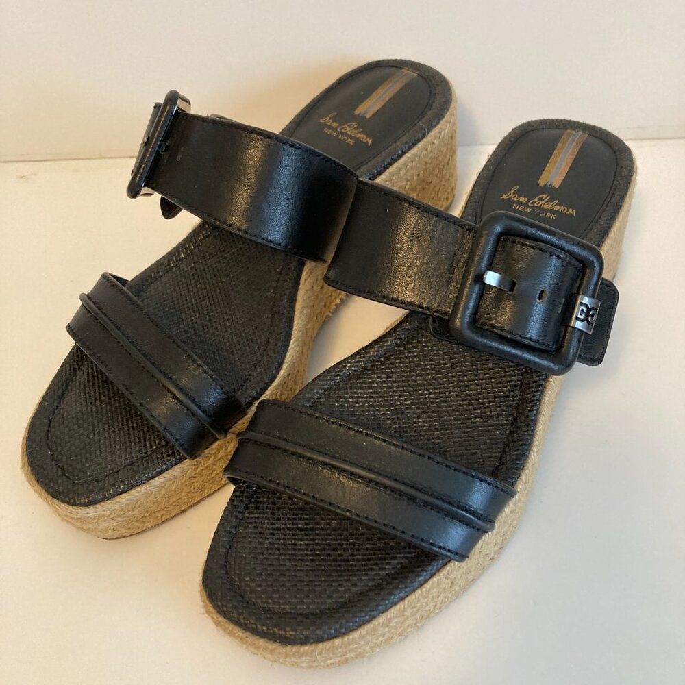 Sam Edelman Carson Espadrille Wedge Sandals -Black Leather -Size 8.5 M